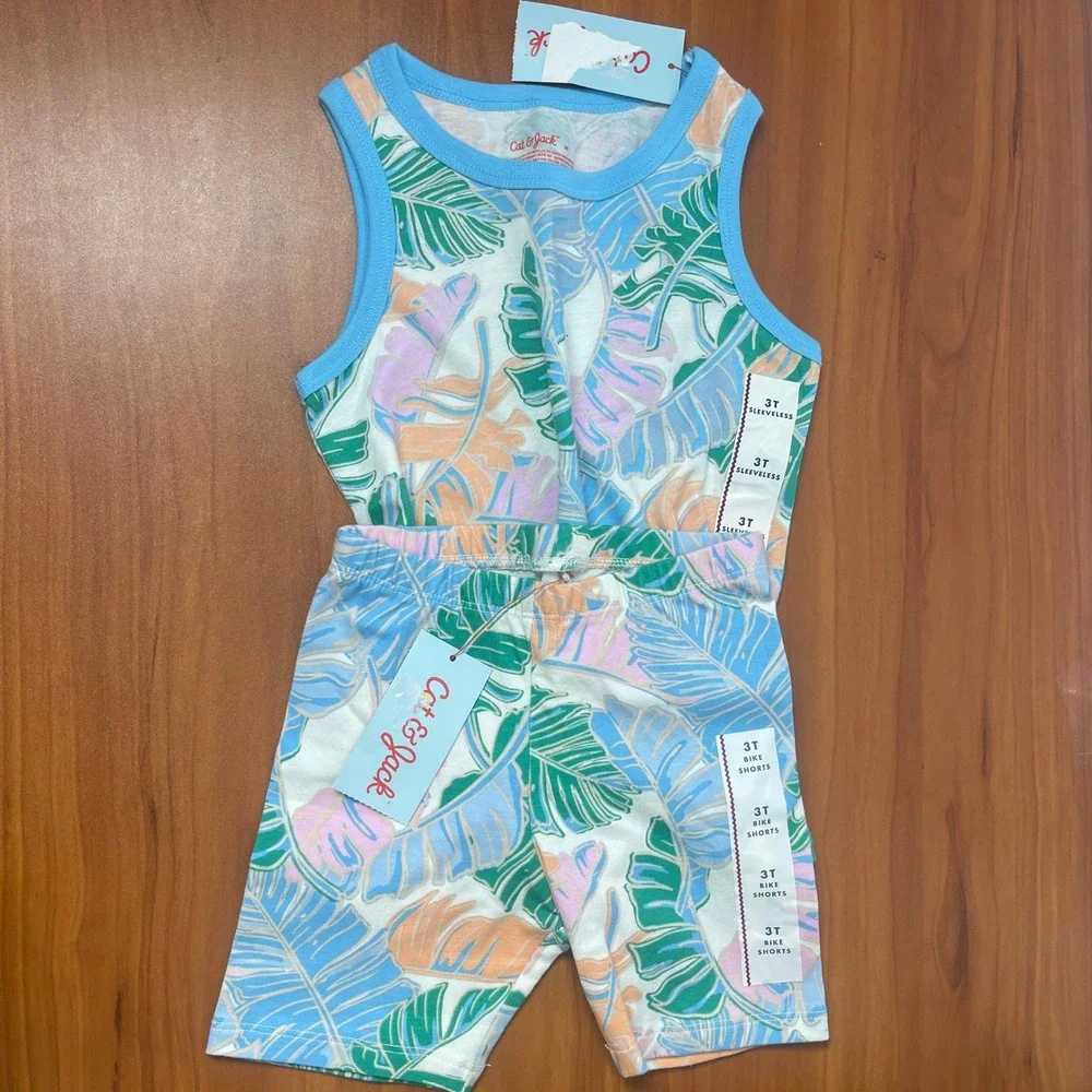 Cat & Jack Girls 3T Tropical Palm Leaf Tank Top and Bike Shorts Set NWT